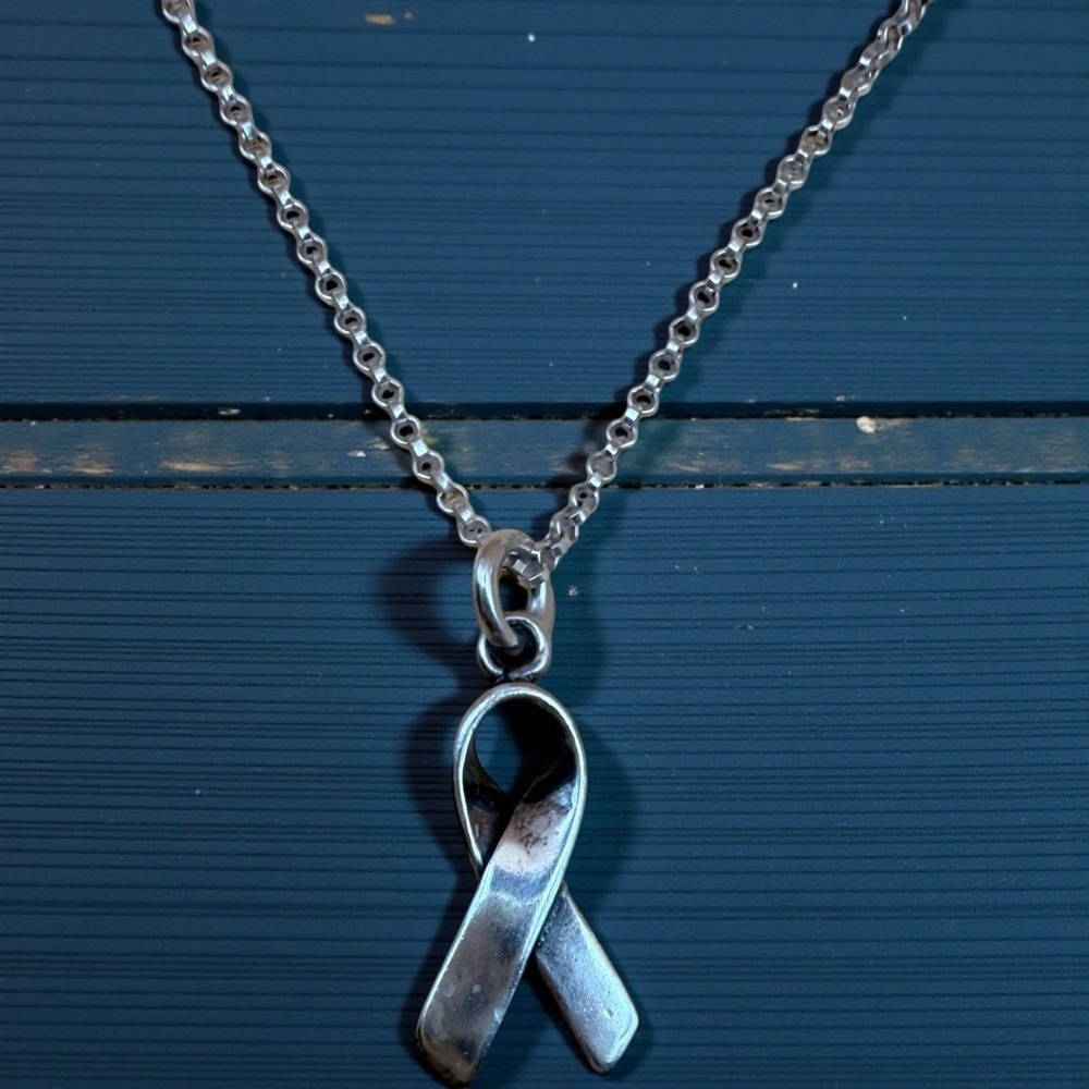 Signed NC 925 Ribbon Breast awareness Pendant Necklace@ stamped 925 Vintage​​​